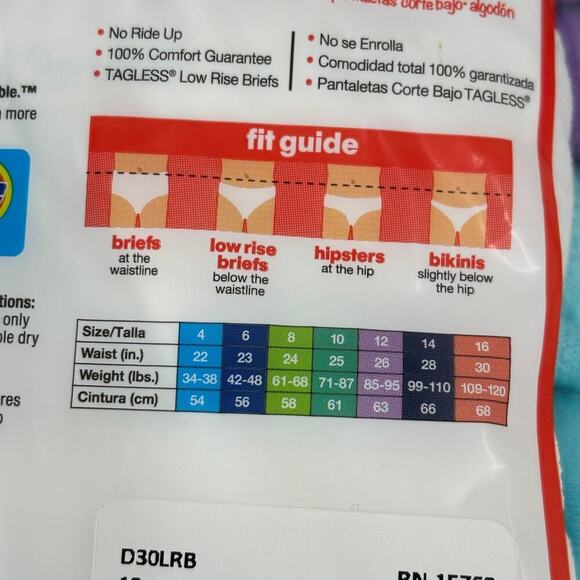 Hanes Low Rise Briefs Gril's Size 12 Cotton 6 Pack Tagless No Ride Up - Picture 4 of 6